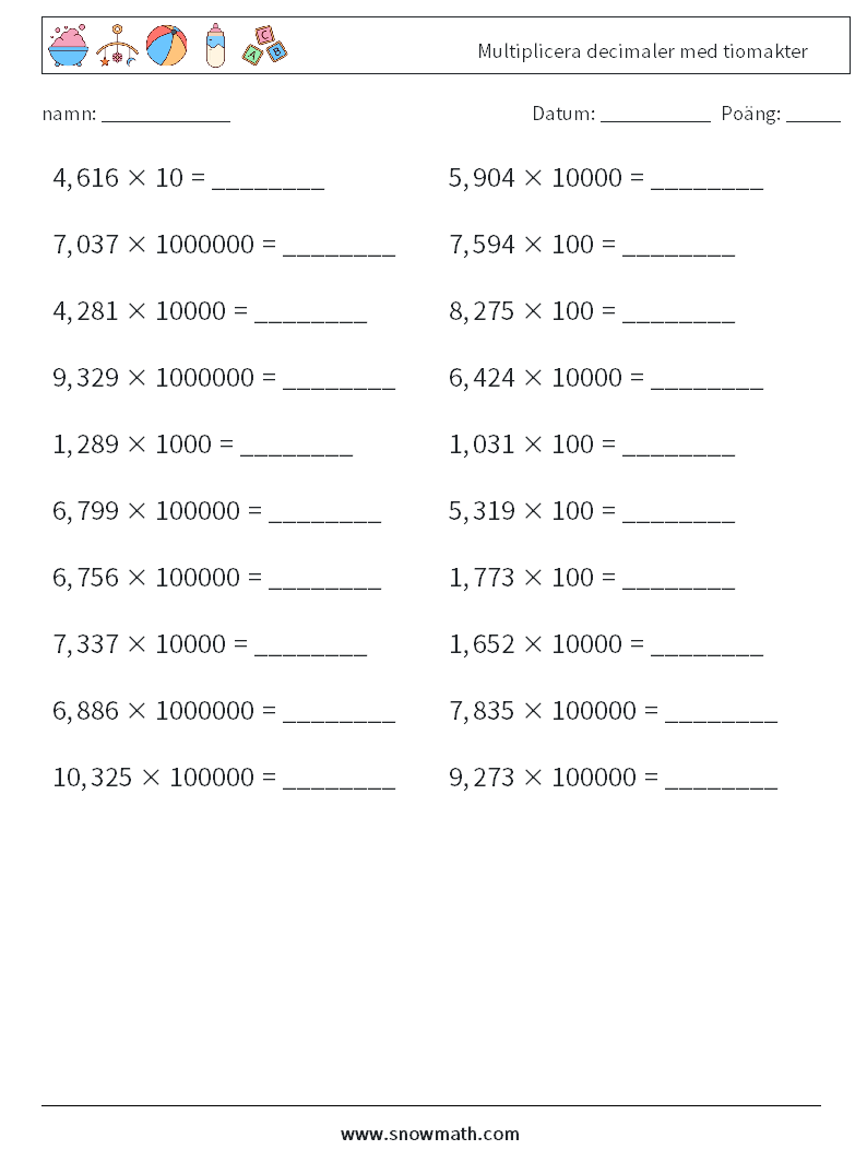 Multiplicera decimaler med tiomakter Matematiska arbetsblad 3