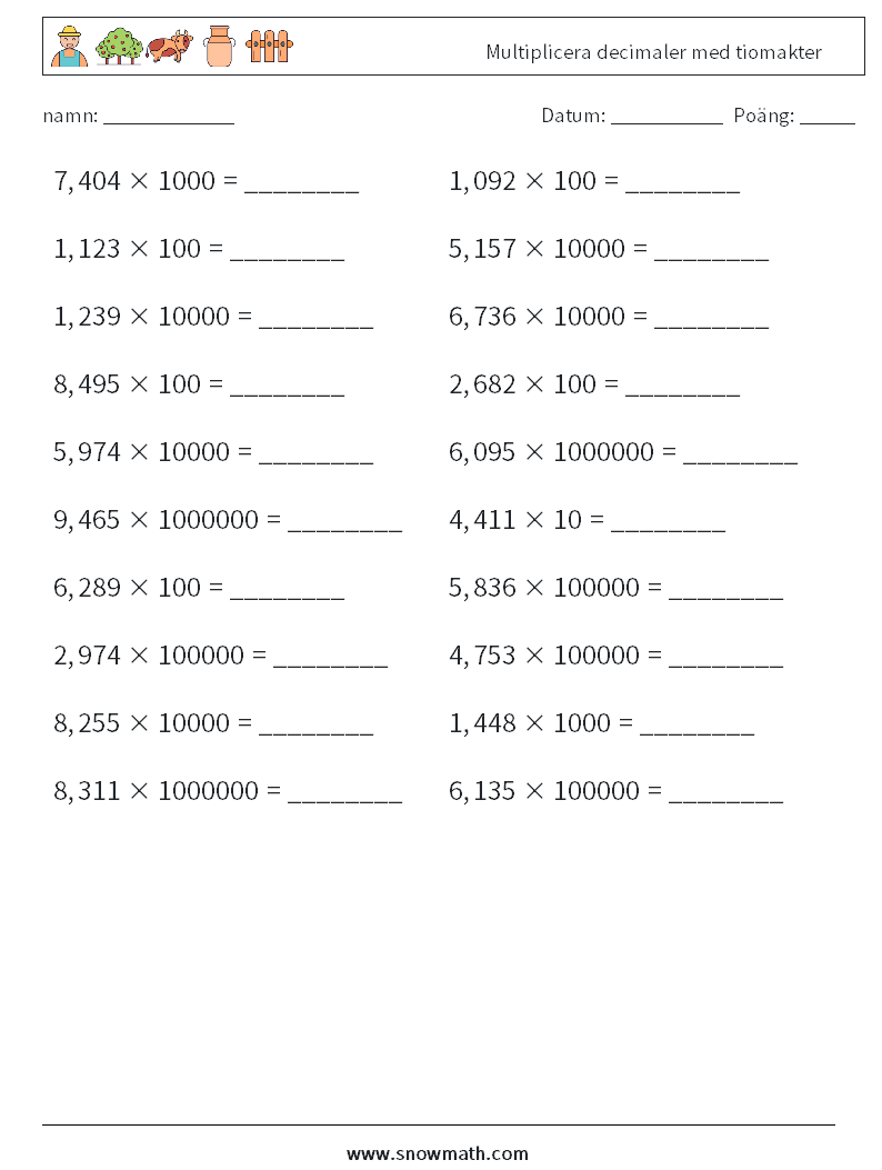 Multiplicera decimaler med tiomakter Matematiska arbetsblad 5