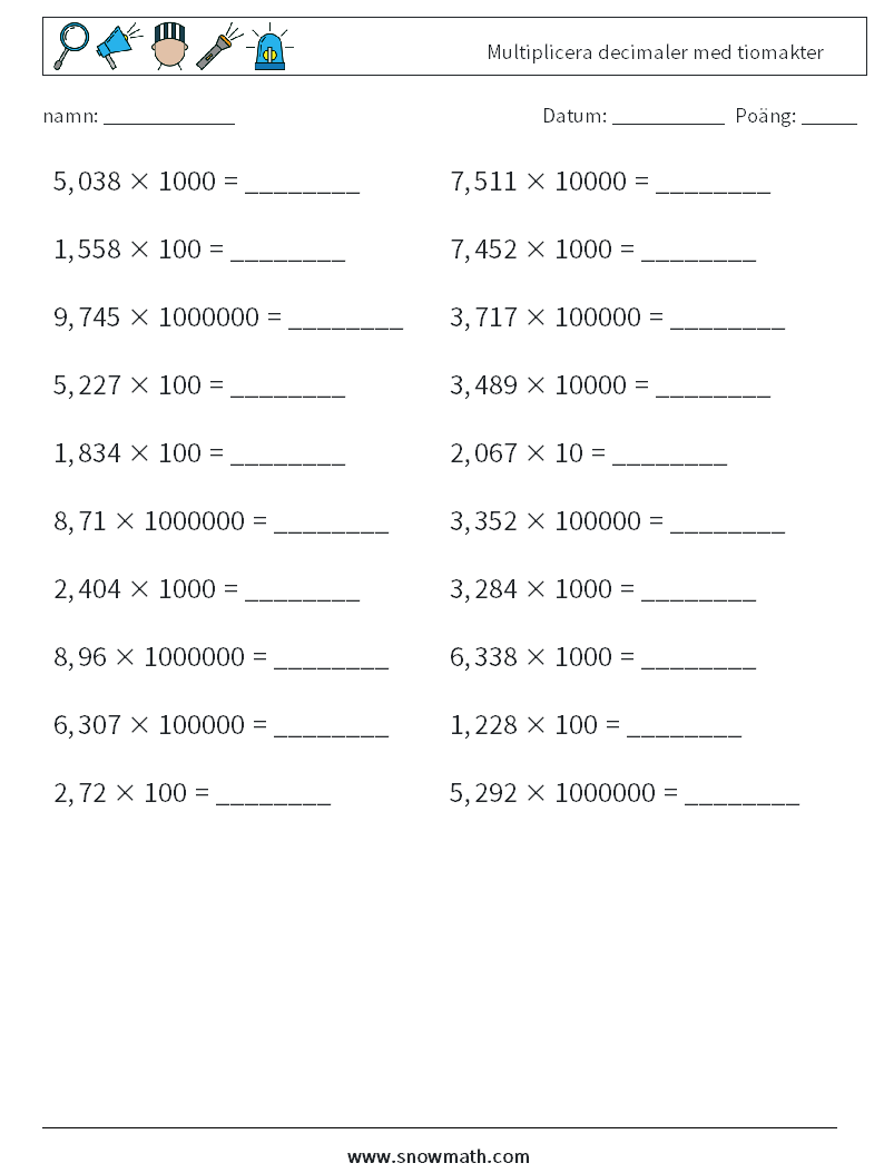 Multiplicera decimaler med tiomakter Matematiska arbetsblad 6