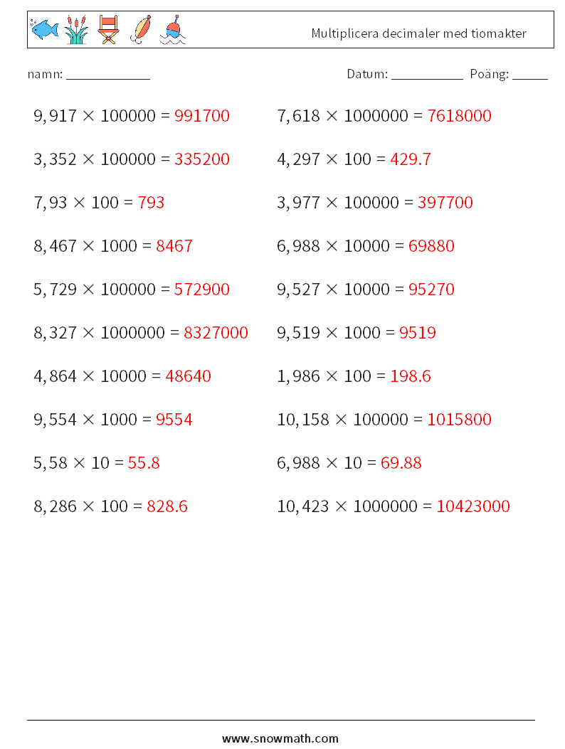 Multiplicera decimaler med tiomakter Matematiska arbetsblad 7 Fråga, svar