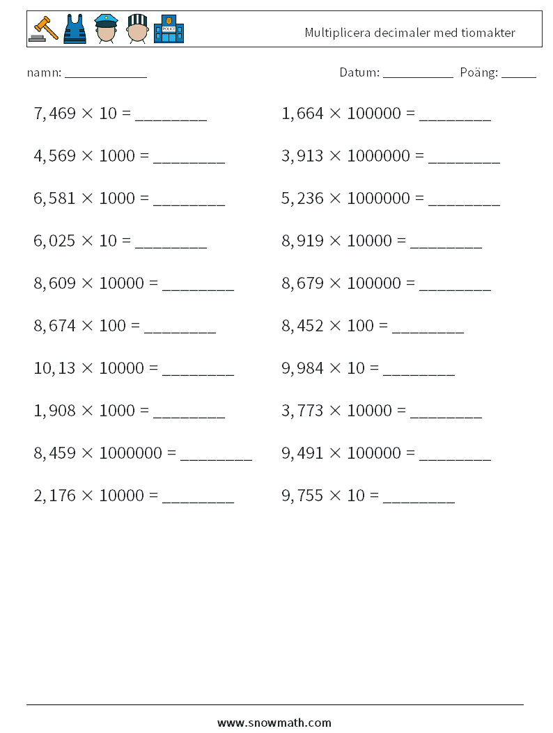 Multiplicera decimaler med tiomakter Matematiska arbetsblad 9