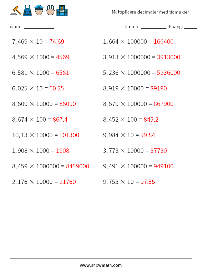 Multiplicera decimaler med tiomakter Matematiska arbetsblad 9 Fråga, svar