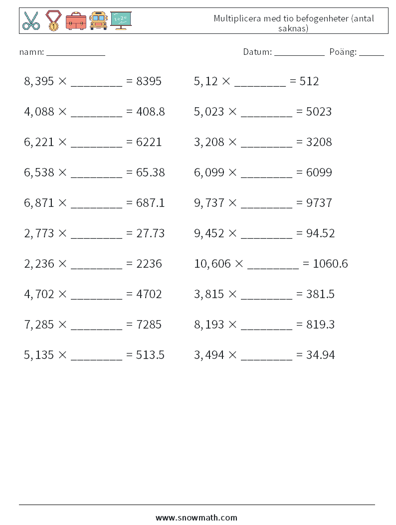 Multiplicera med tio befogenheter (antal saknas)