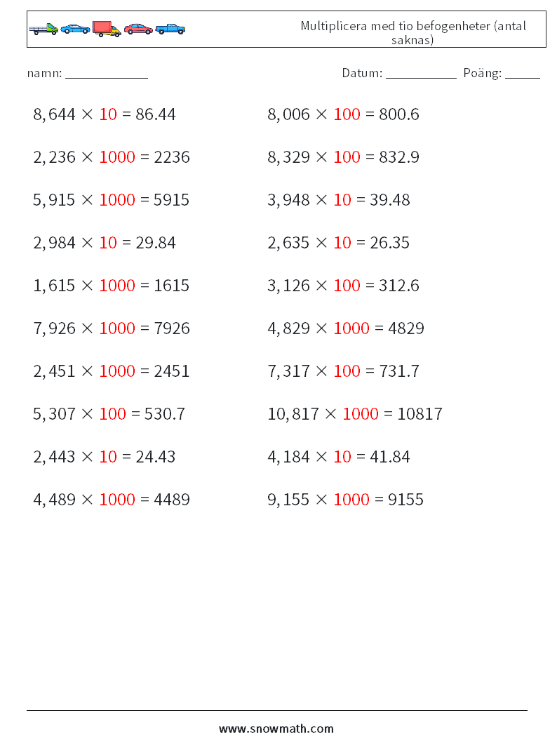 Multiplicera med tio befogenheter (antal saknas) Matematiska arbetsblad 11 Fråga, svar