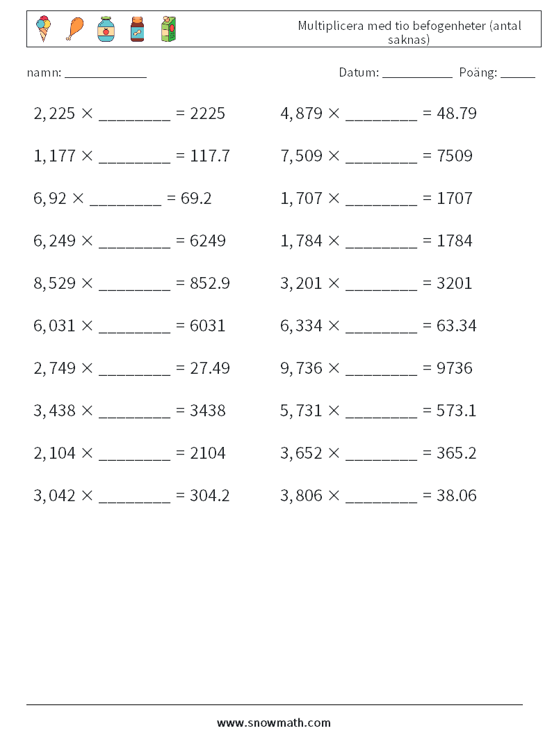 Multiplicera med tio befogenheter (antal saknas) Matematiska arbetsblad 13