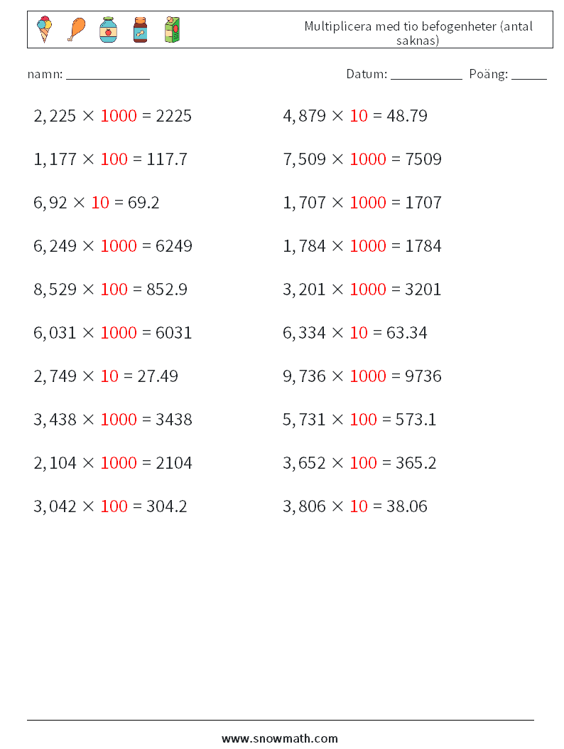 Multiplicera med tio befogenheter (antal saknas) Matematiska arbetsblad 13 Fråga, svar