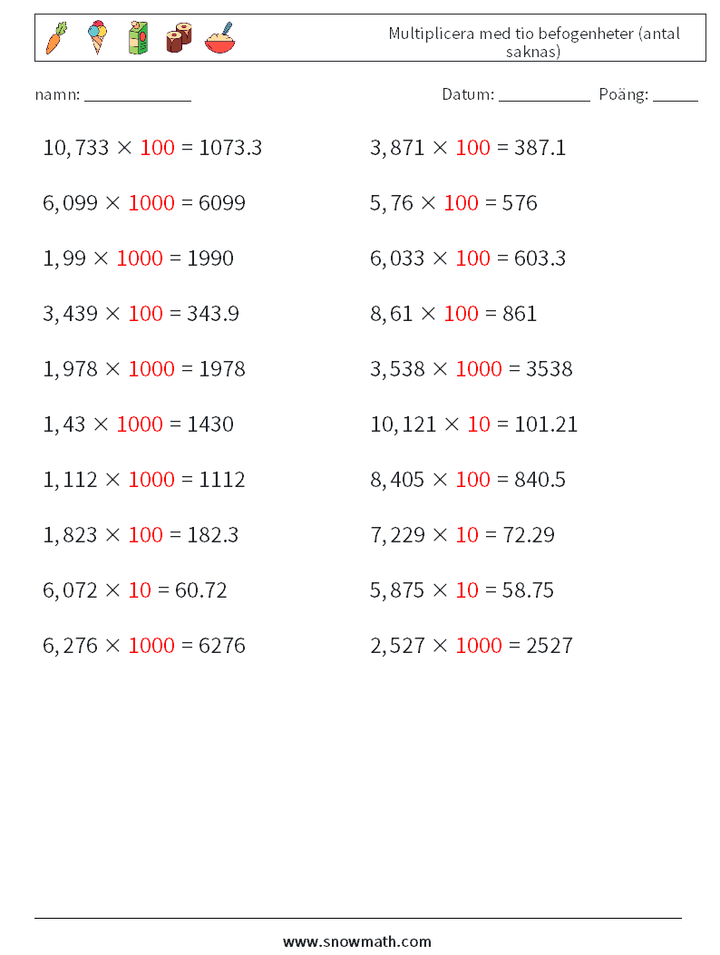 Multiplicera med tio befogenheter (antal saknas) Matematiska arbetsblad 14 Fråga, svar