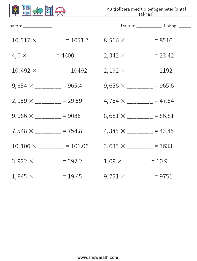 Multiplicera med tio befogenheter (antal saknas) Matematiska arbetsblad 16