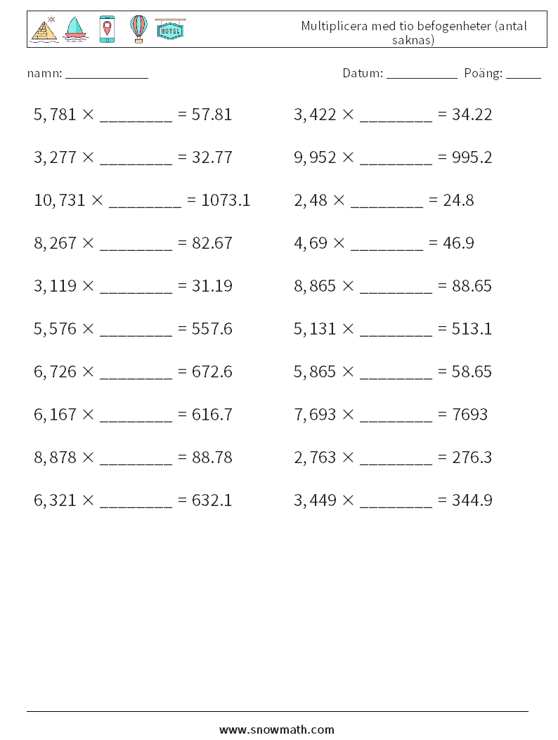 Multiplicera med tio befogenheter (antal saknas) Matematiska arbetsblad 17