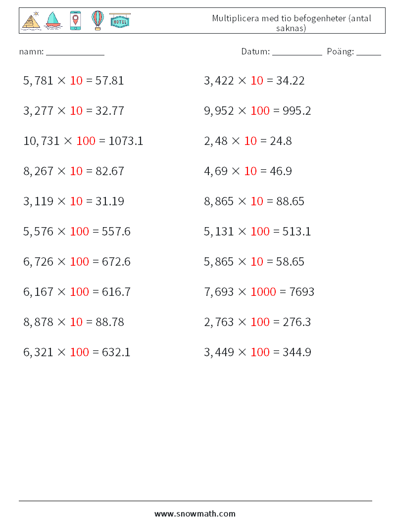 Multiplicera med tio befogenheter (antal saknas) Matematiska arbetsblad 17 Fråga, svar