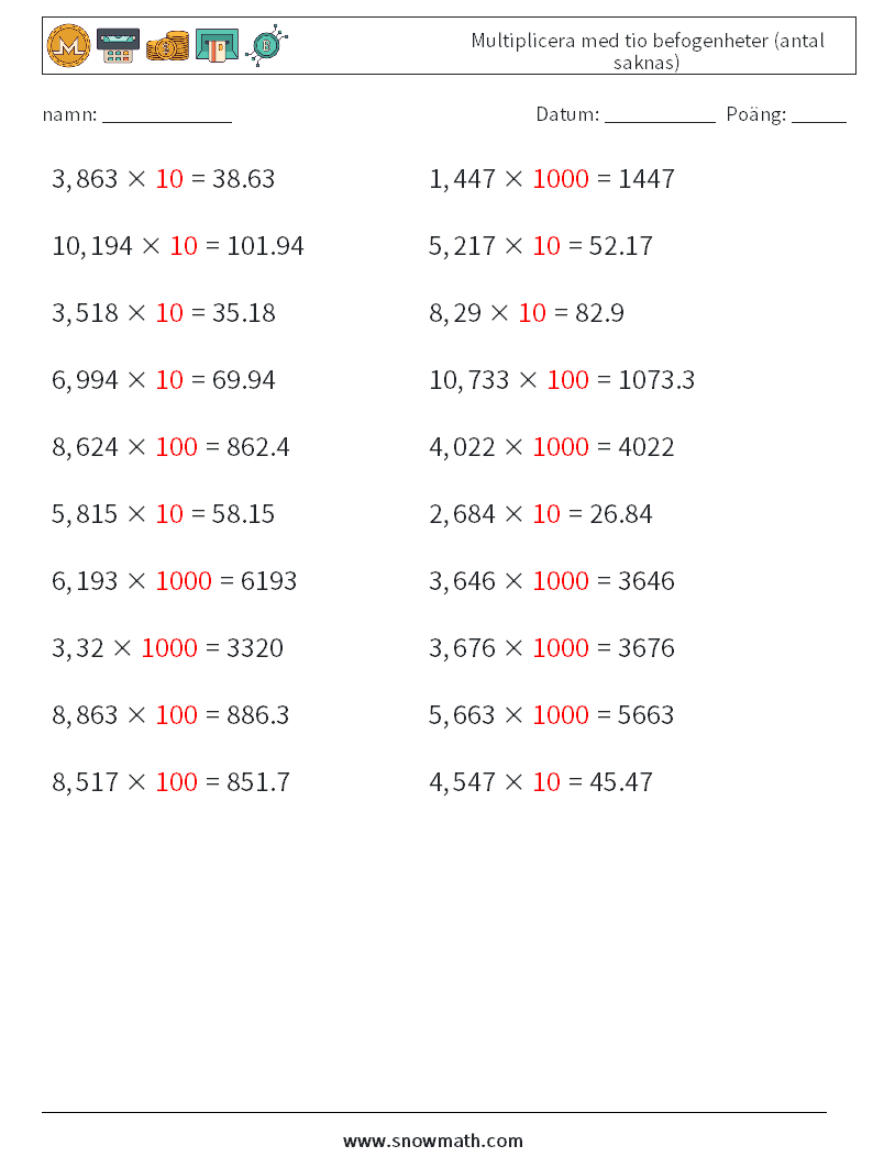 Multiplicera med tio befogenheter (antal saknas) Matematiska arbetsblad 2 Fråga, svar