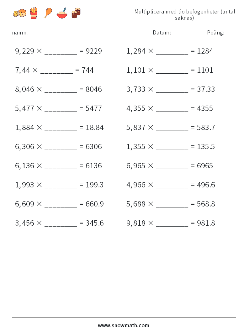 Multiplicera med tio befogenheter (antal saknas) Matematiska arbetsblad 3