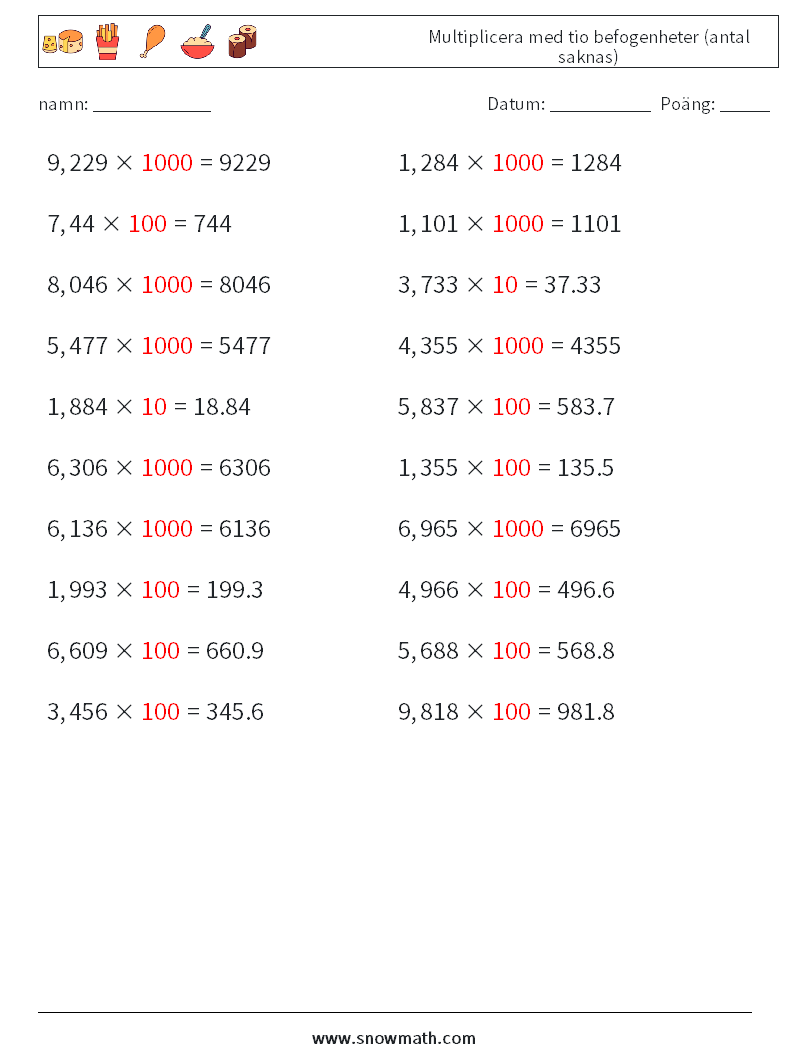 Multiplicera med tio befogenheter (antal saknas) Matematiska arbetsblad 3 Fråga, svar