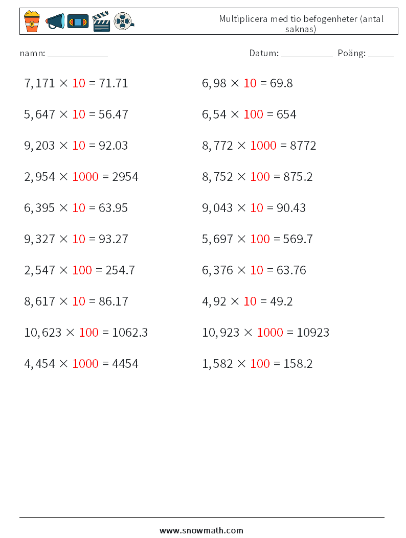 Multiplicera med tio befogenheter (antal saknas) Matematiska arbetsblad 4 Fråga, svar