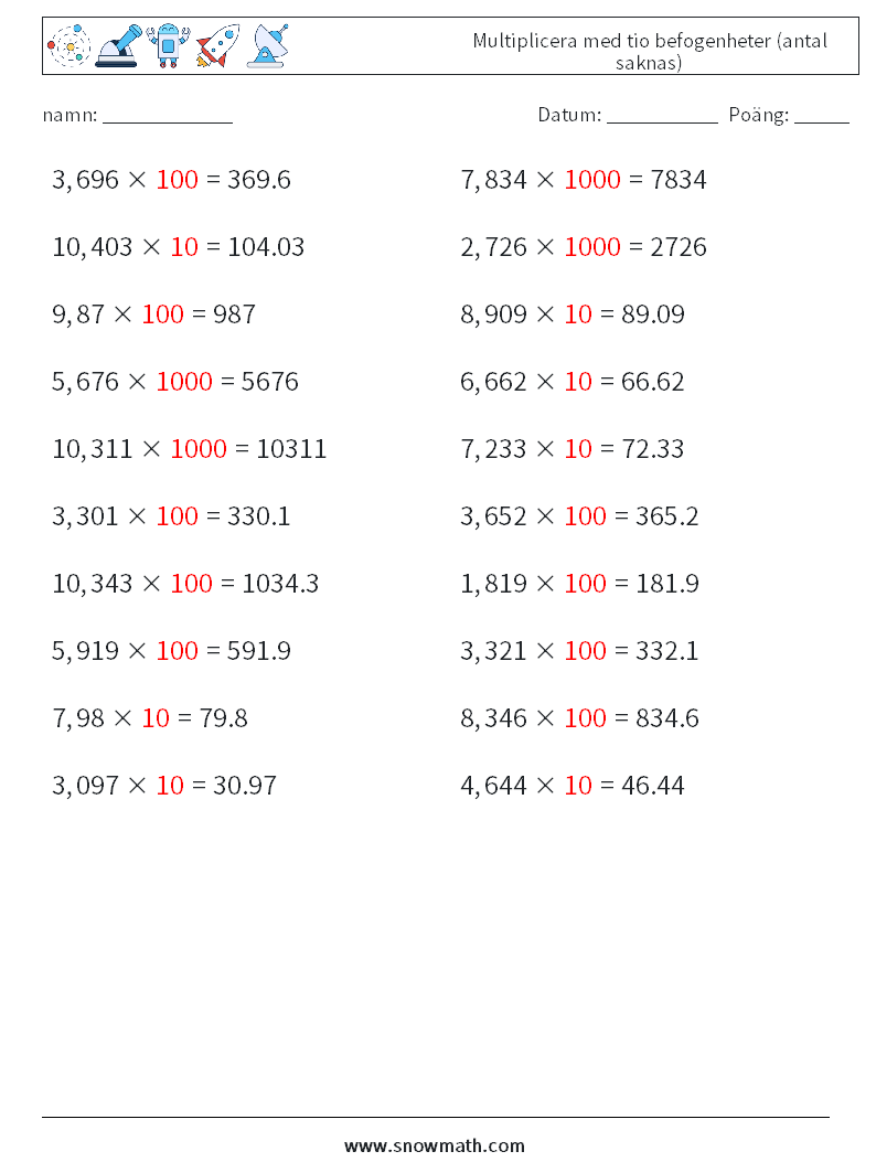 Multiplicera med tio befogenheter (antal saknas) Matematiska arbetsblad 5 Fråga, svar