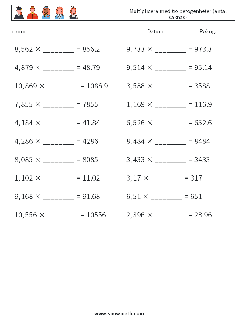 Multiplicera med tio befogenheter (antal saknas) Matematiska arbetsblad 6