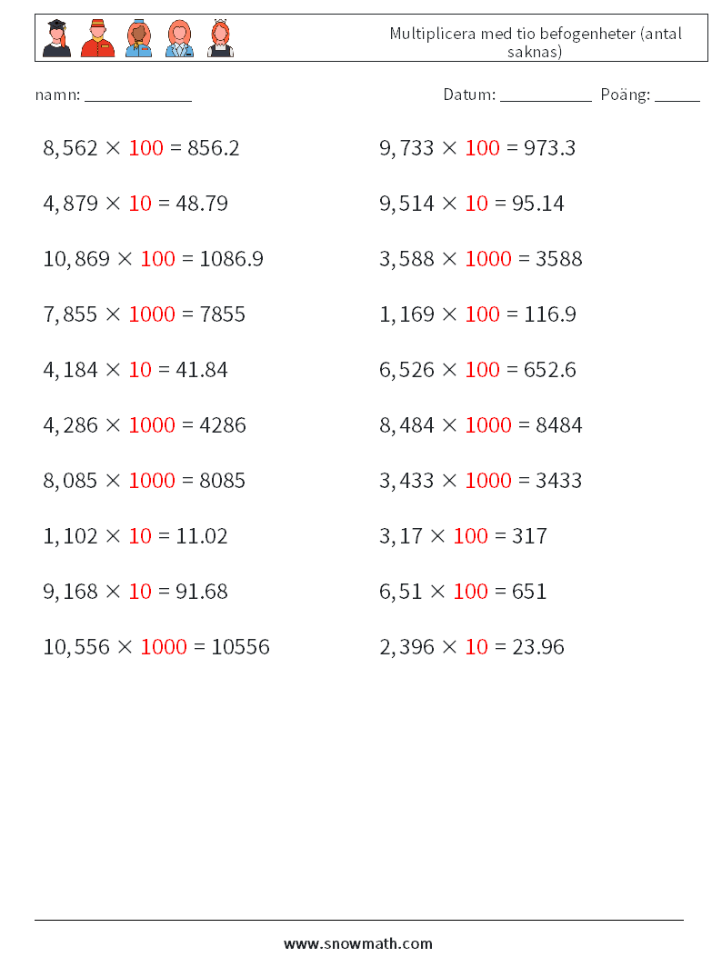 Multiplicera med tio befogenheter (antal saknas) Matematiska arbetsblad 6 Fråga, svar