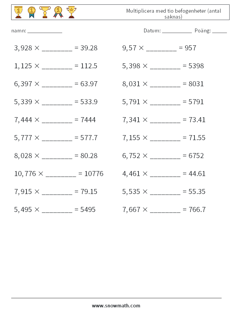 Multiplicera med tio befogenheter (antal saknas) Matematiska arbetsblad 7