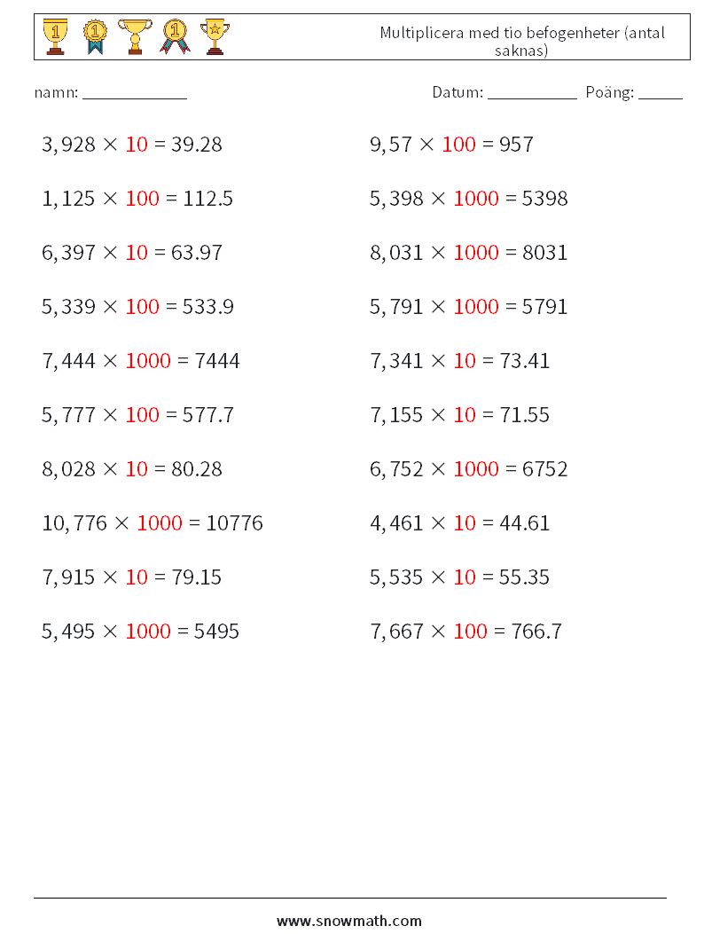 Multiplicera med tio befogenheter (antal saknas) Matematiska arbetsblad 7 Fråga, svar