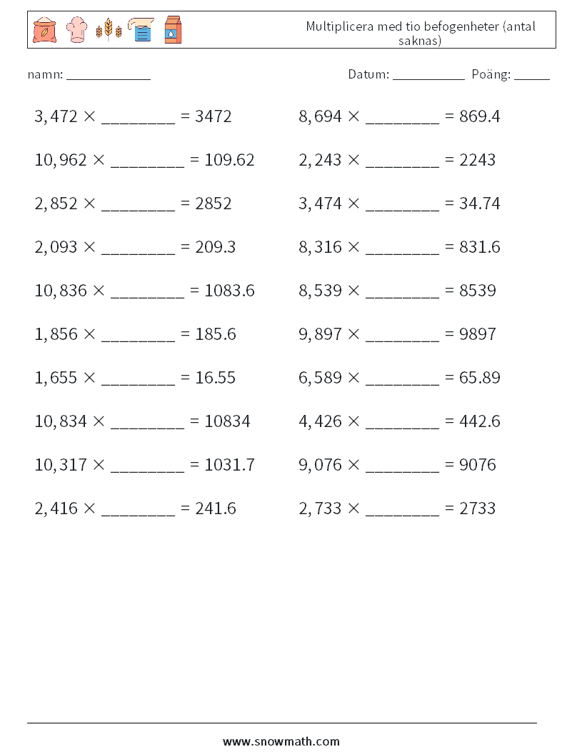 Multiplicera med tio befogenheter (antal saknas) Matematiska arbetsblad 8