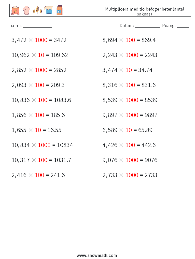 Multiplicera med tio befogenheter (antal saknas) Matematiska arbetsblad 8 Fråga, svar