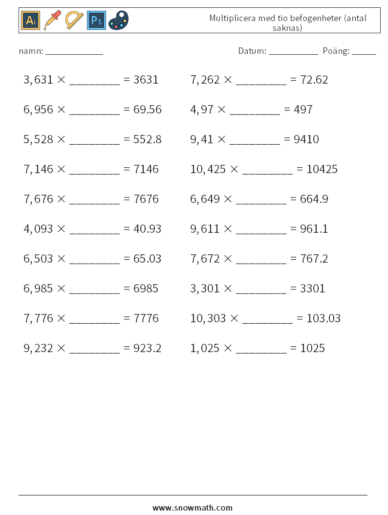 Multiplicera med tio befogenheter (antal saknas) Matematiska arbetsblad 9