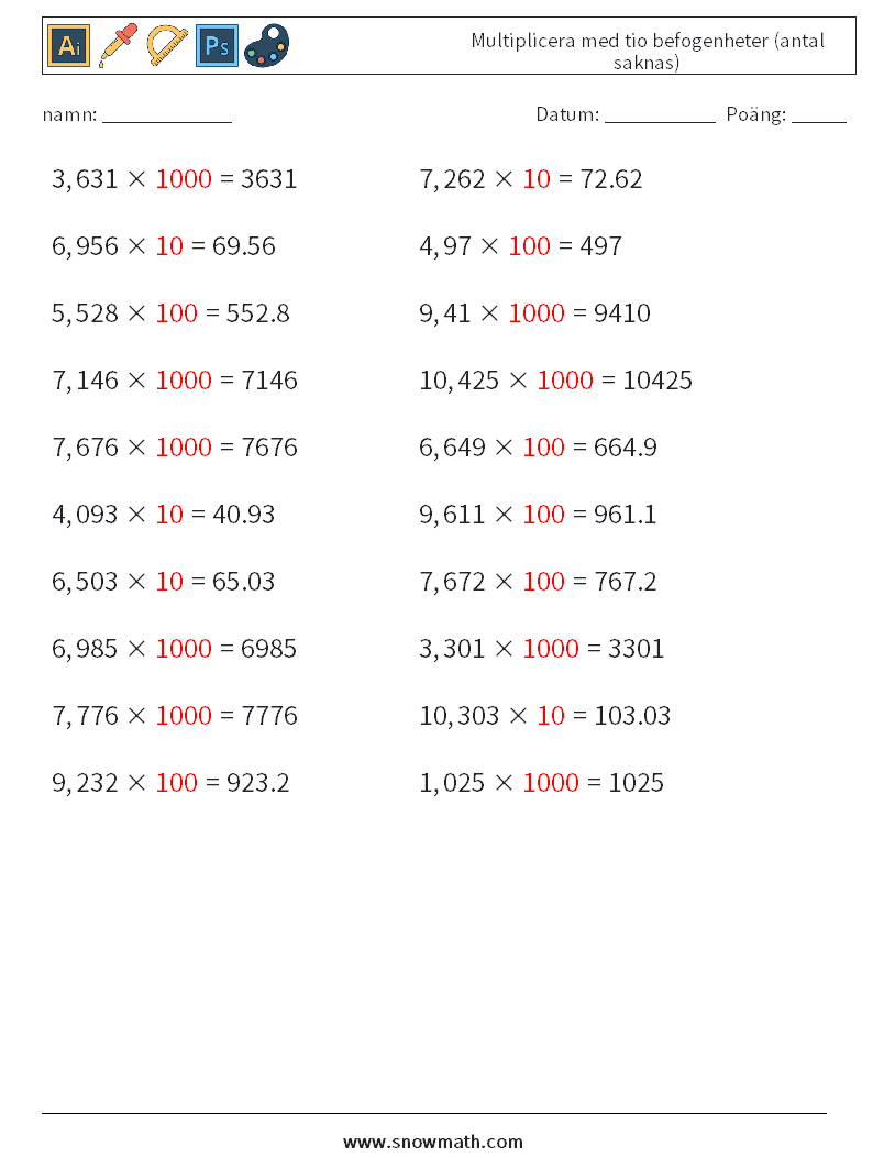 Multiplicera med tio befogenheter (antal saknas) Matematiska arbetsblad 9 Fråga, svar