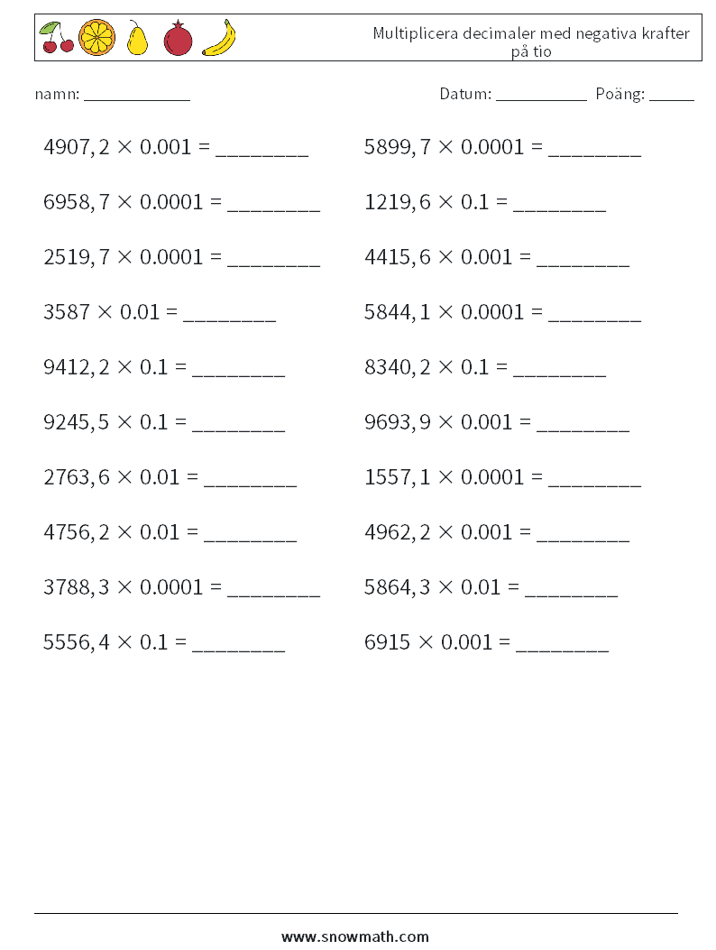 Multiplicera decimaler med negativa krafter på tio Matematiska arbetsblad 1