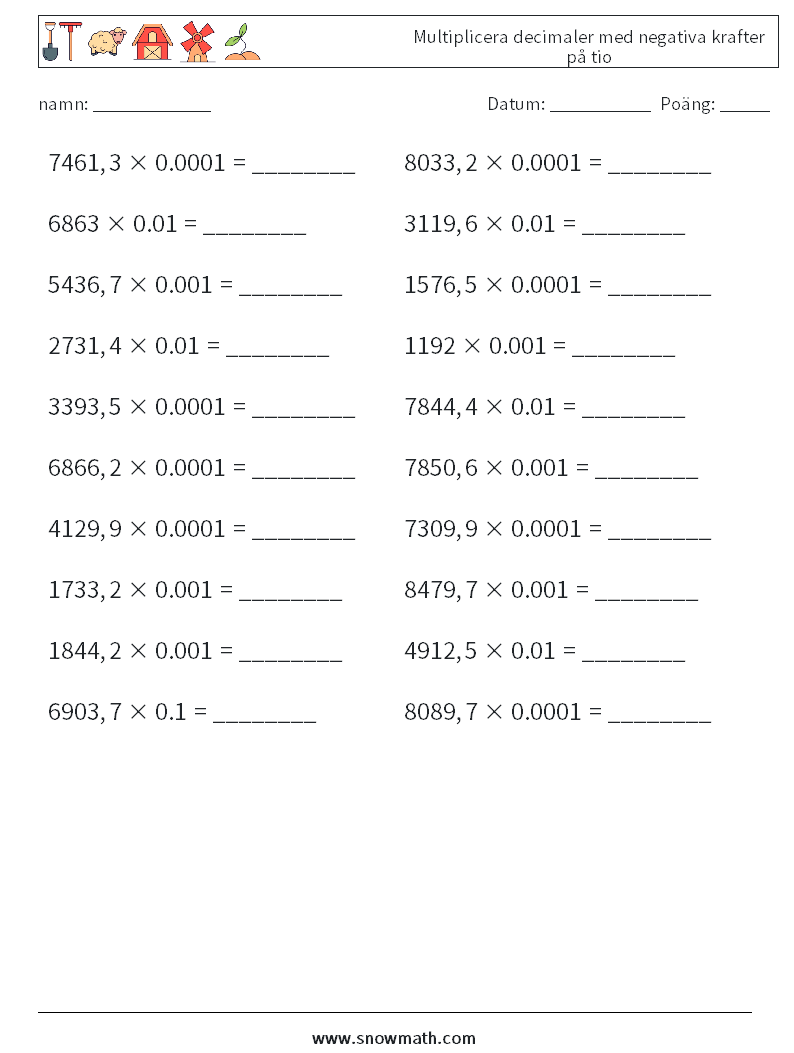 Multiplicera decimaler med negativa krafter på tio Matematiska arbetsblad 10