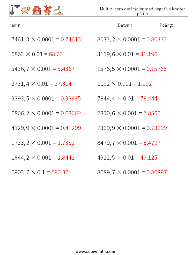 Multiplicera decimaler med negativa krafter på tio Matematiska arbetsblad 10 Fråga, svar