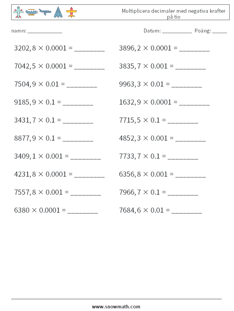 Multiplicera decimaler med negativa krafter på tio Matematiska arbetsblad 12