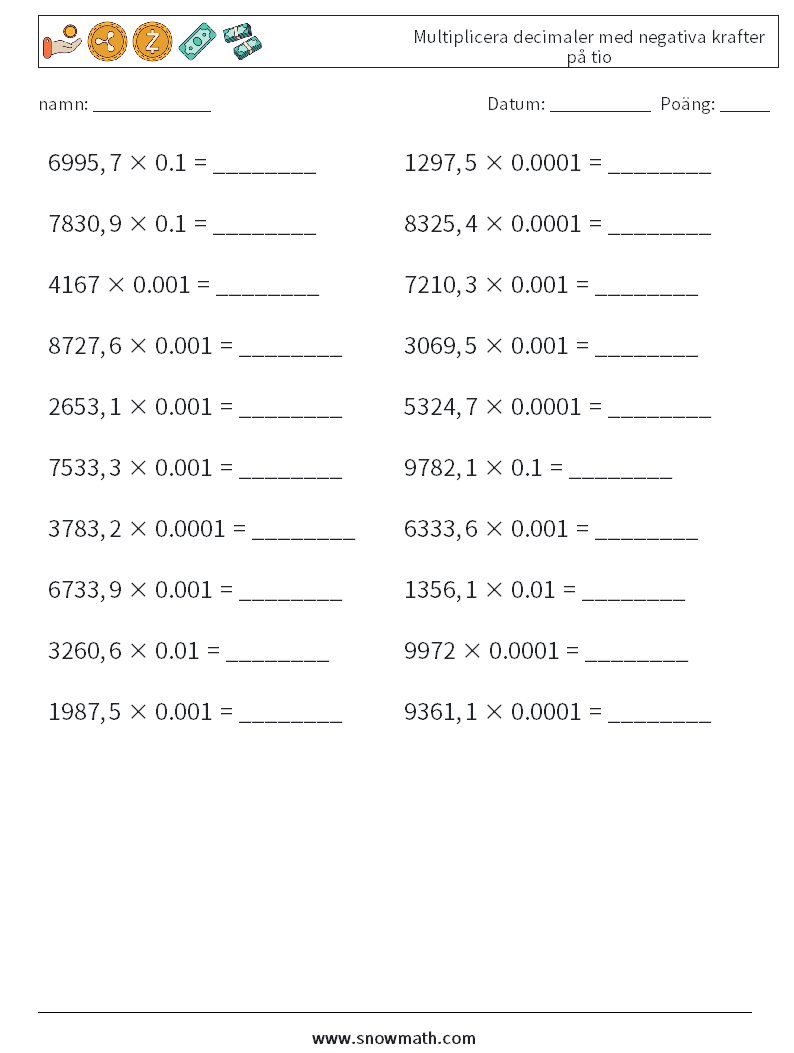 Multiplicera decimaler med negativa krafter på tio Matematiska arbetsblad 13