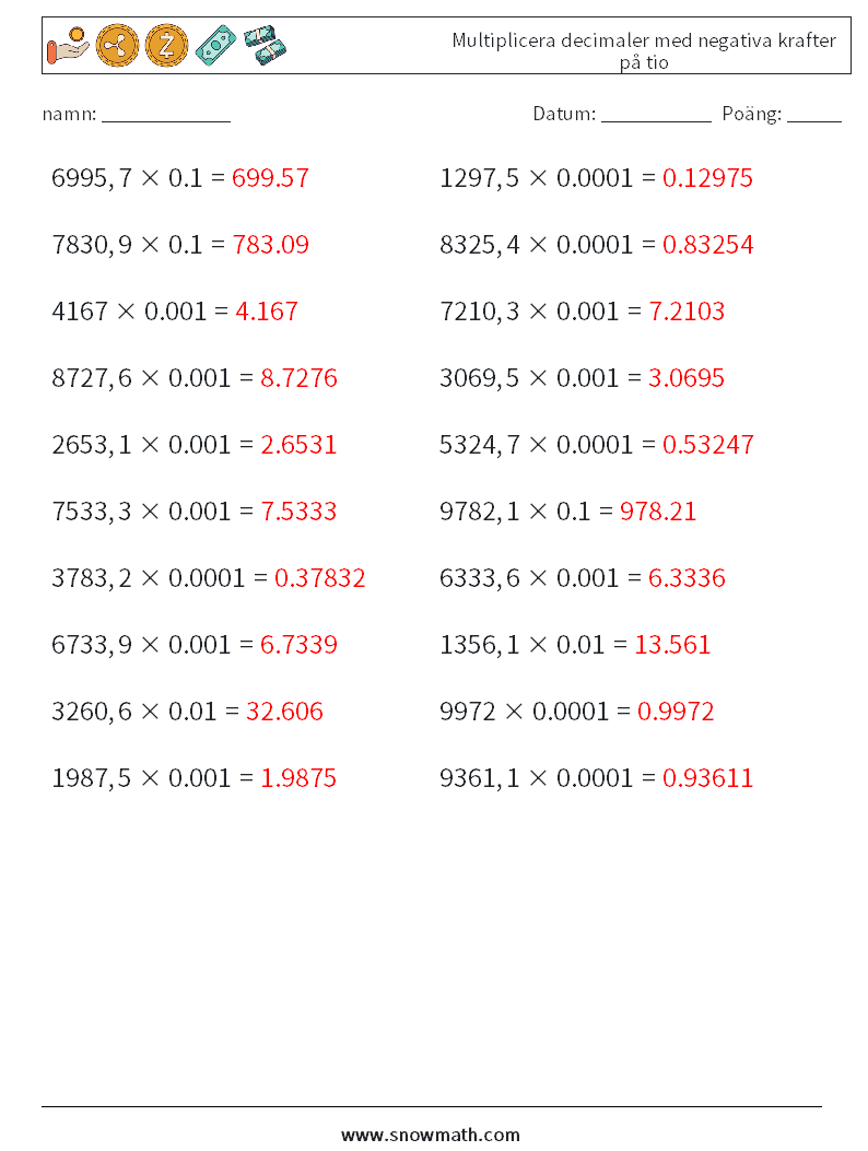 Multiplicera decimaler med negativa krafter på tio Matematiska arbetsblad 13 Fråga, svar