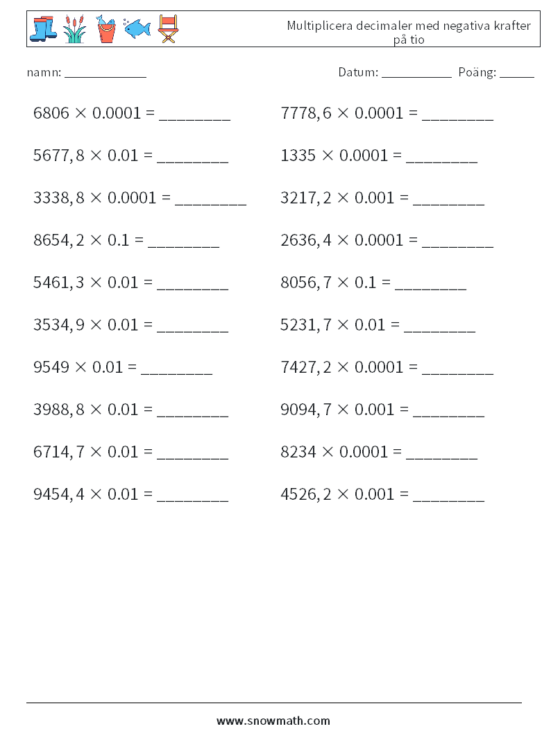 Multiplicera decimaler med negativa krafter på tio Matematiska arbetsblad 14