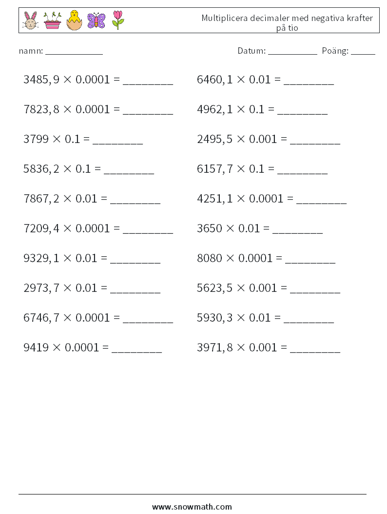 Multiplicera decimaler med negativa krafter på tio Matematiska arbetsblad 15