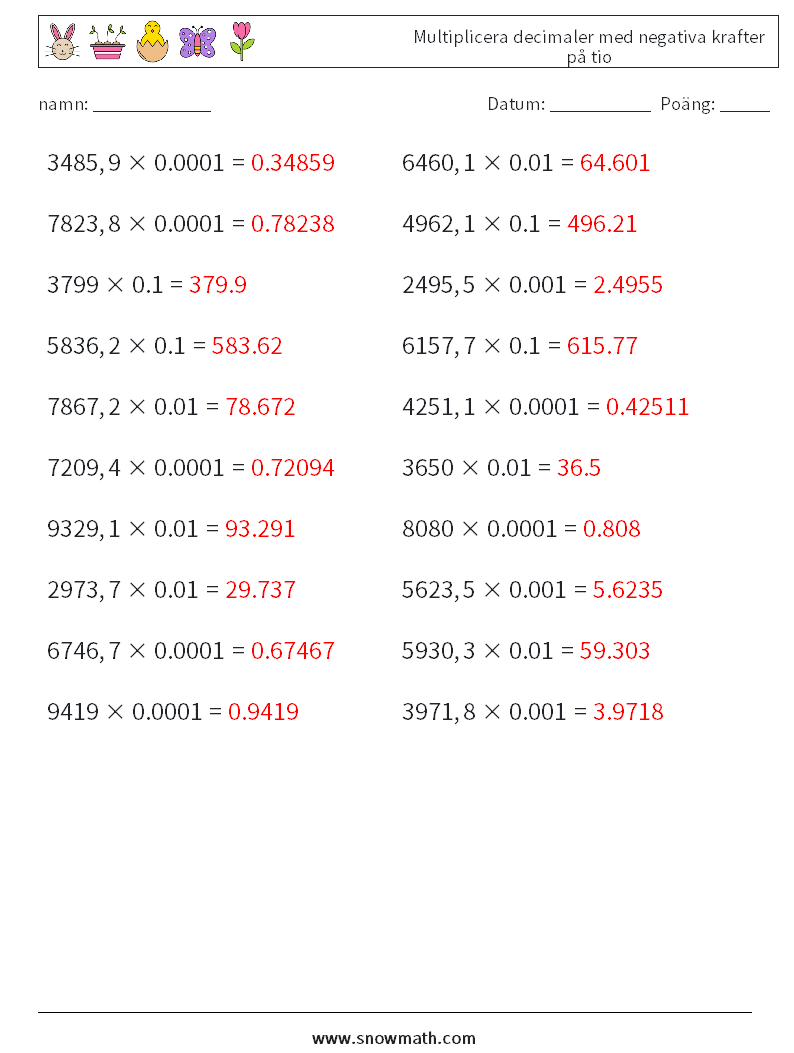 Multiplicera decimaler med negativa krafter på tio Matematiska arbetsblad 15 Fråga, svar