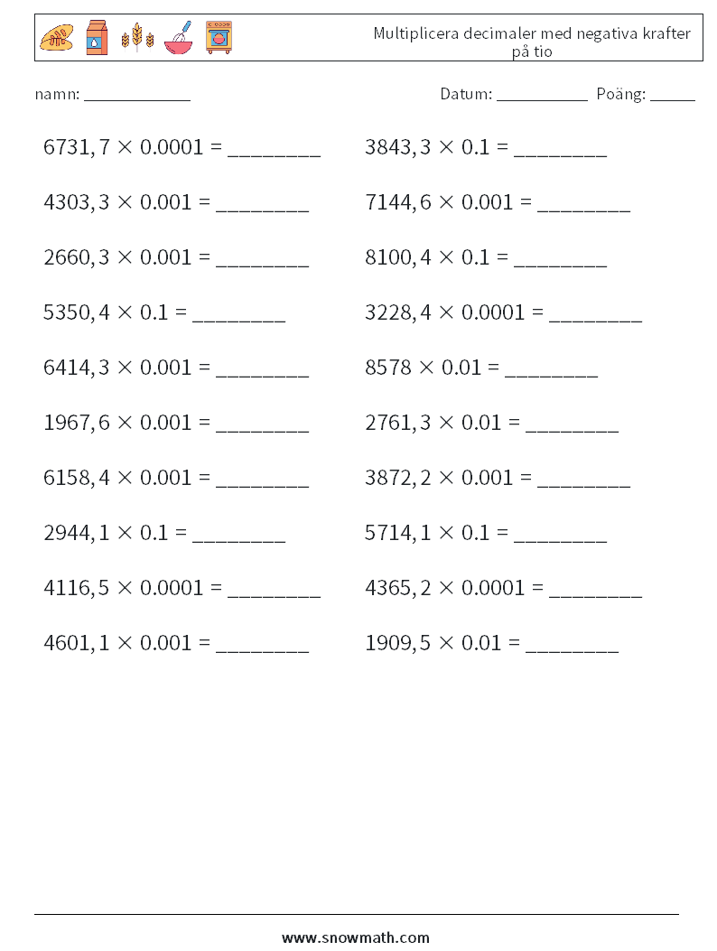 Multiplicera decimaler med negativa krafter på tio Matematiska arbetsblad 16
