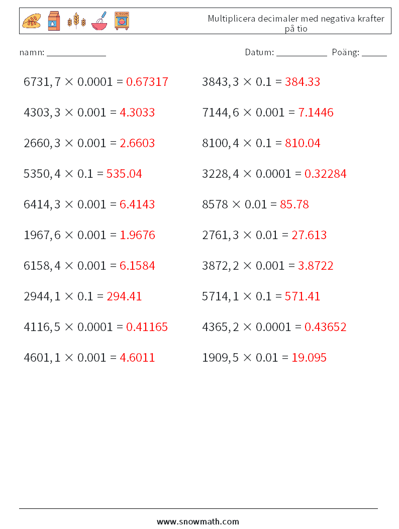 Multiplicera decimaler med negativa krafter på tio Matematiska arbetsblad 16 Fråga, svar