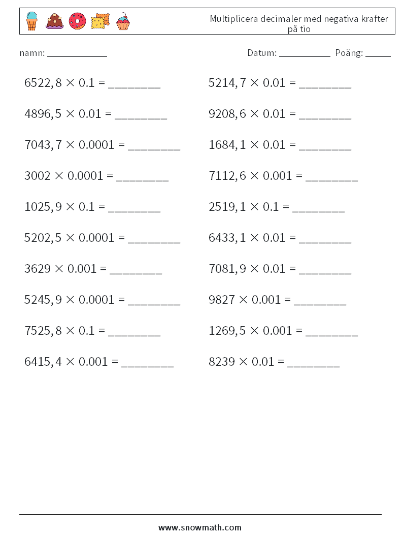 Multiplicera decimaler med negativa krafter på tio Matematiska arbetsblad 17