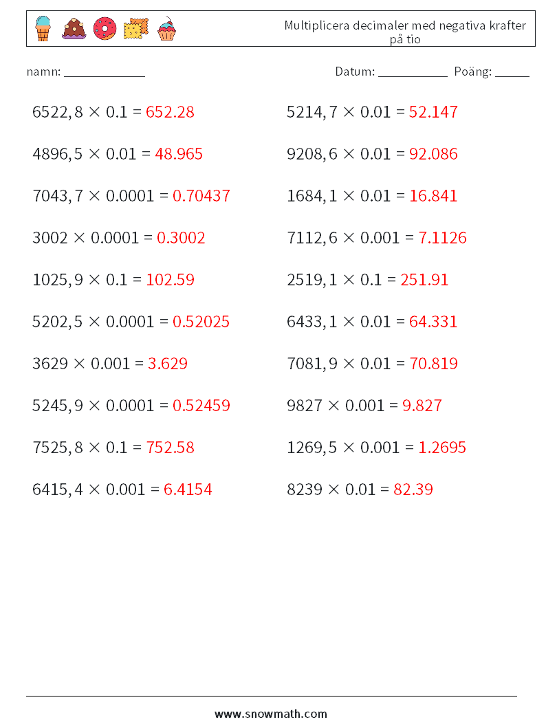 Multiplicera decimaler med negativa krafter på tio Matematiska arbetsblad 17 Fråga, svar