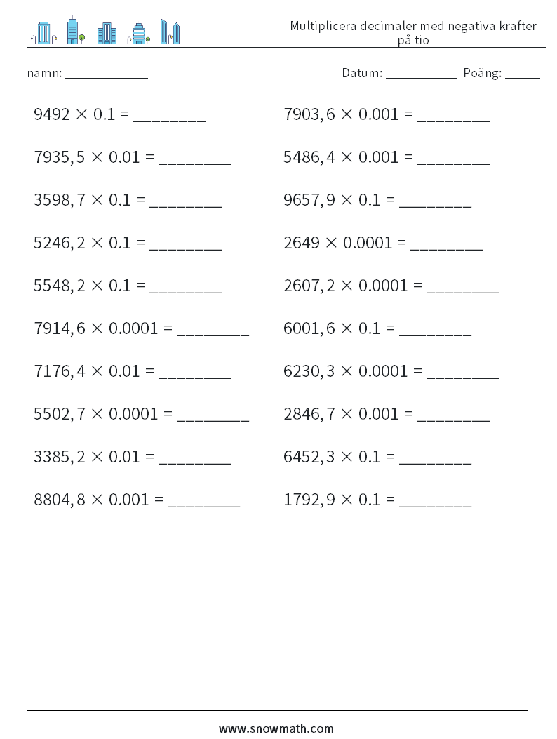 Multiplicera decimaler med negativa krafter på tio Matematiska arbetsblad 18