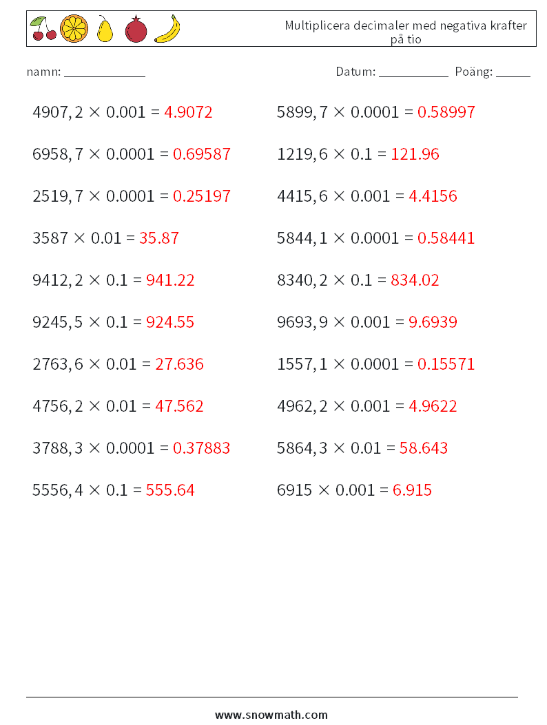 Multiplicera decimaler med negativa krafter på tio Matematiska arbetsblad 1 Fråga, svar