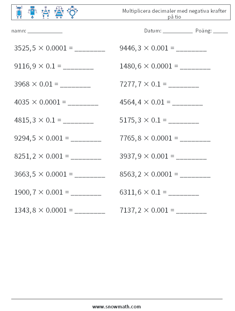 Multiplicera decimaler med negativa krafter på tio Matematiska arbetsblad 2