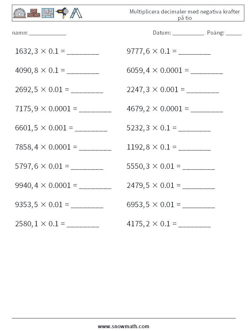 Multiplicera decimaler med negativa krafter på tio Matematiska arbetsblad 3