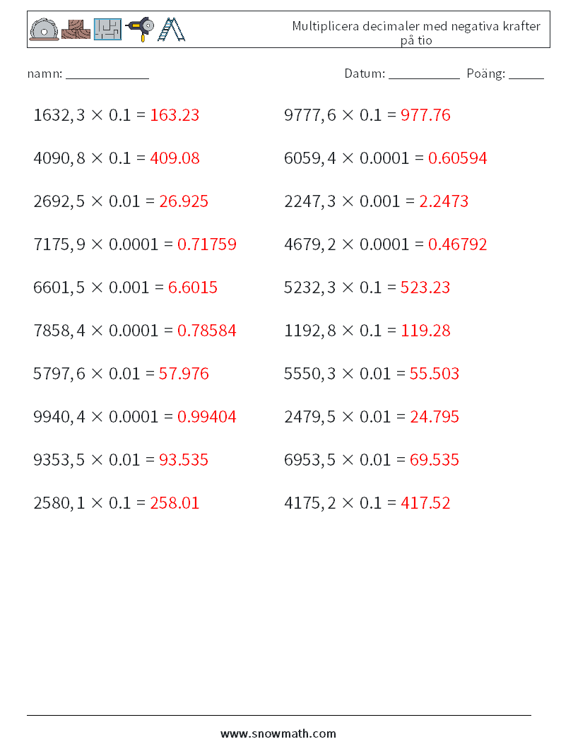 Multiplicera decimaler med negativa krafter på tio Matematiska arbetsblad 3 Fråga, svar