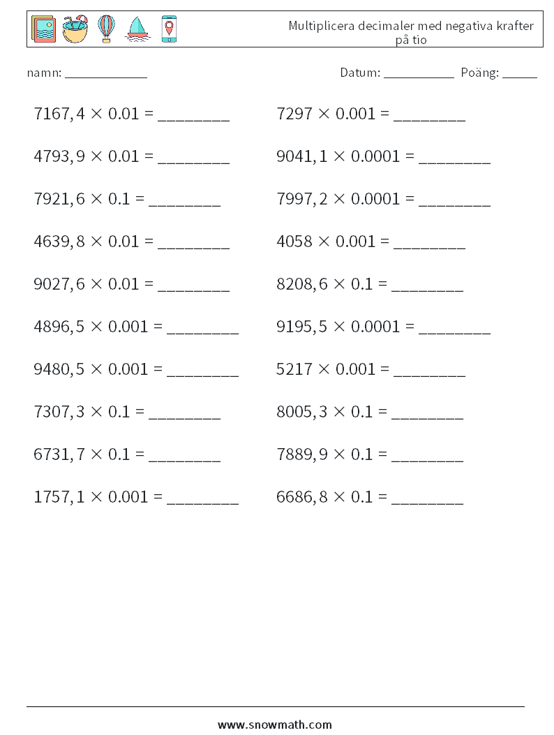 Multiplicera decimaler med negativa krafter på tio Matematiska arbetsblad 4