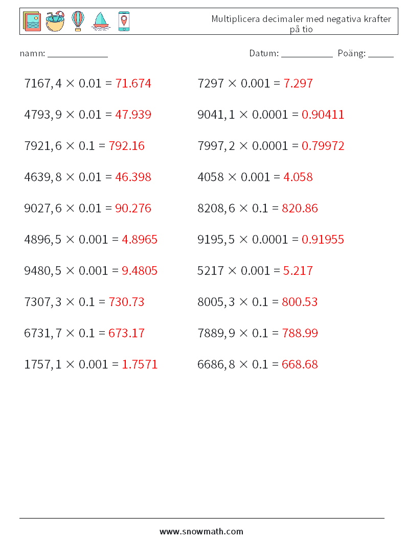 Multiplicera decimaler med negativa krafter på tio Matematiska arbetsblad 4 Fråga, svar