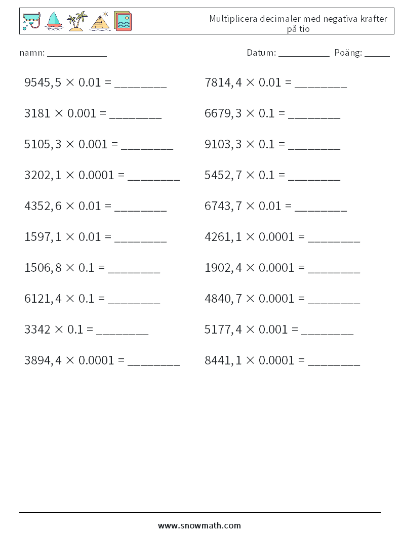 Multiplicera decimaler med negativa krafter på tio Matematiska arbetsblad 5