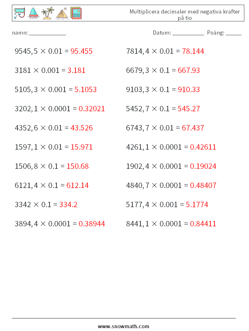 Multiplicera decimaler med negativa krafter på tio Matematiska arbetsblad 5 Fråga, svar