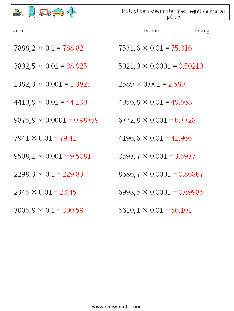 Multiplicera decimaler med negativa krafter på tio Matematiska arbetsblad 6 Fråga, svar